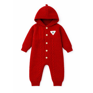 Maroon Knitted Full Sleeves Jumpsuit Romper with Cap for Tiny Toddlers - 3 - 6 Months Winter Wear