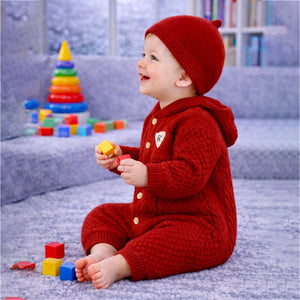 Maroon Knitted Full Sleeves Jumpsuit Romper with Cap for Tiny Toddlers - 3 - 6 Months Winter Wear