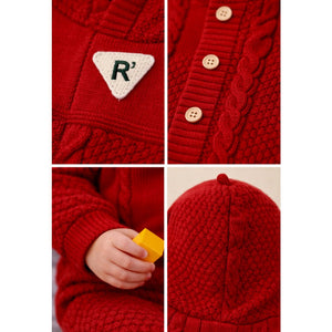 Maroon Knitted Full Sleeves Jumpsuit Romper with Cap for Tiny Toddlers - 3 - 6 Months Winter Wear
