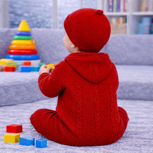 Maroon Knitted Full Sleeves Jumpsuit Romper with Cap for Tiny Toddlers - 3 - 6 Months Winter Wear