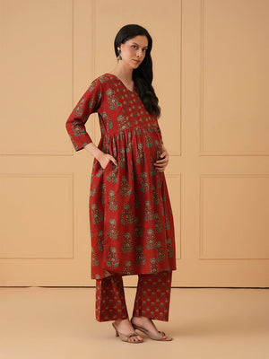 Maroon Melody Maternity and Nursing Kurta Set With Dupatta - S Maternity Ethnic Set