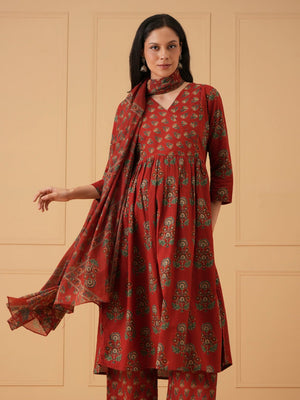 Maroon Melody Maternity and Nursing Kurta Set With Dupatta - S Maternity Ethnic Set