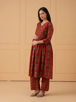 Maroon Melody Maternity and Nursing Kurta Set With Dupatta - S Maternity Ethnic Set