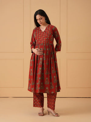 Maroon Melody Maternity and Nursing Kurta Set With Dupatta - S Maternity Ethnic Set
