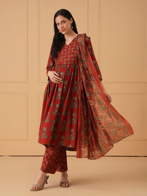 Maroon Melody Maternity and Nursing Kurta Set With Dupatta - S Maternity Ethnic Set