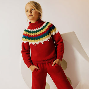Maroon Multi Colour Xmas Baubles Pompom Style Warmer Cardigan & Christmas Sweater for toddlers & Kids - 5 Years Winter Wear