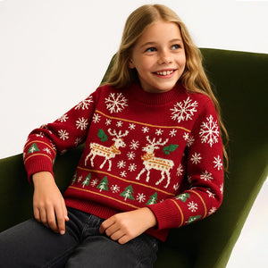Maroon, Snowflakes & Deer Kids Cardigan Sweater, Round Neck - 3 - 4 Years Winter Wear