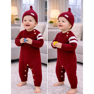 Maroon White Stripes Full Sleeves Jumpsuit Winter Romper with Cap for Tiny Toddlers - 3 - 6 Months Winter Wear