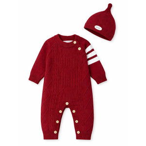 Maroon White Stripes Full Sleeves Jumpsuit Winter Romper with Cap for Tiny Toddlers - 3 - 6 Months Winter Wear