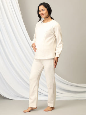 Pregnant model wearing Marshmallow Maternity and Feeding Pajama Loungewear Set from the mom store