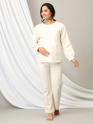 Pregnant model wearing Marshmallow Maternity and Feeding Pajama Loungewear Set from the mom store