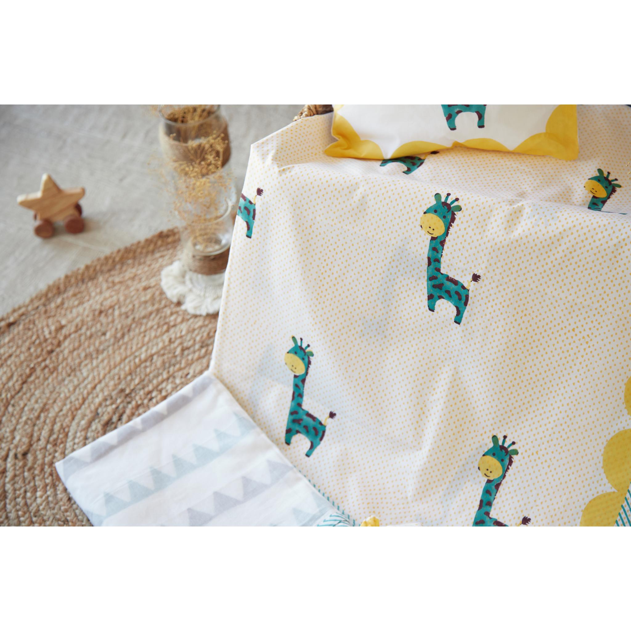 Masaya Pure Cotton Cot Sheet Giraffe - Teal - MSY - CSS - 007A - Yellow Tri