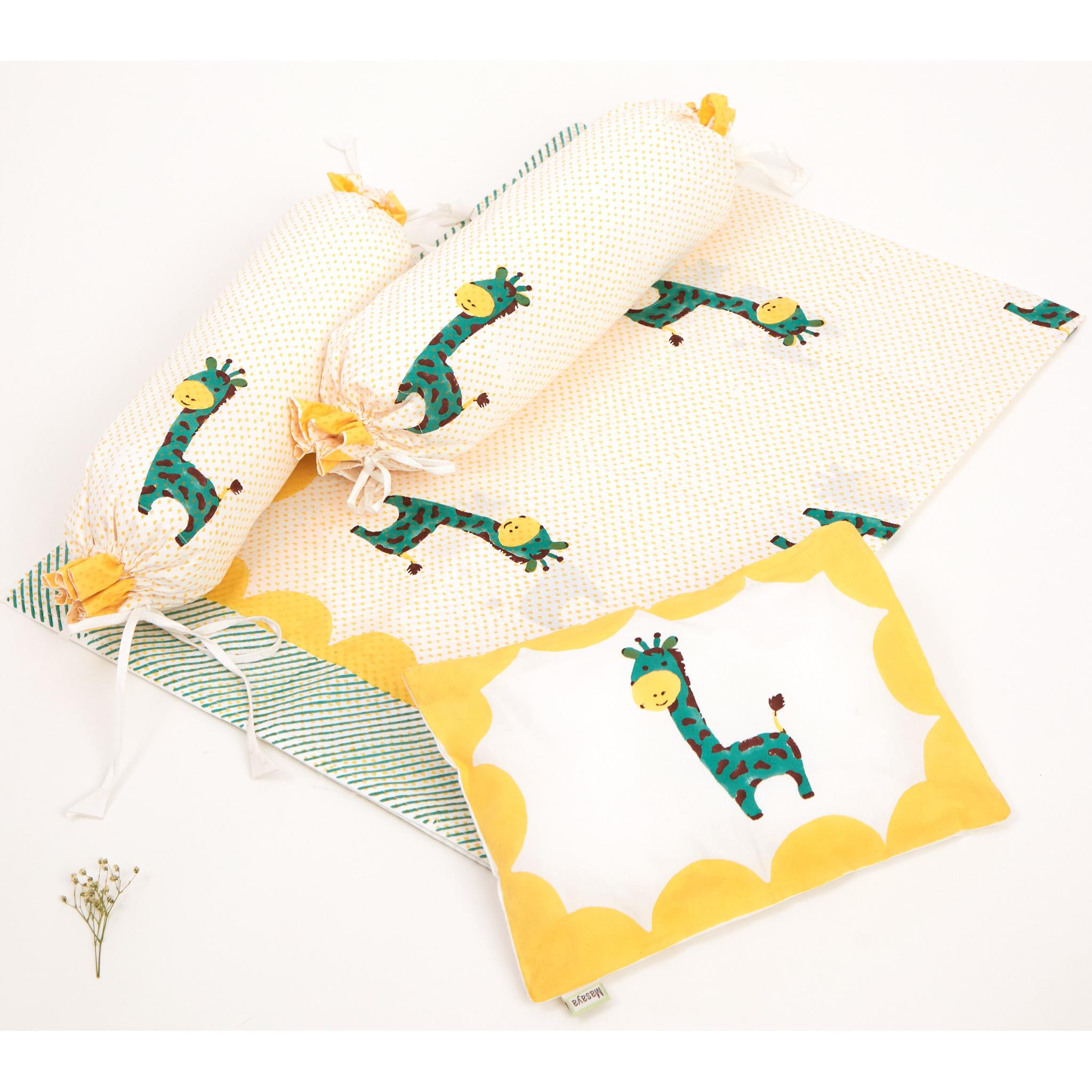 Masaya Pure Cotton Pillow & Bolster Set Giraffe - Teal - MSY - CPB - 009A - YellowTri