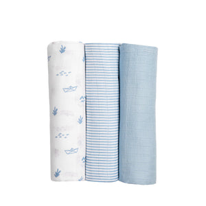 Masilo Organic Muslin Swaddles Set of 3- Blue Sea Breeze | The Mom Store - Baby Swaddle Blankets