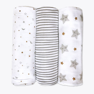 Masilo Organic Muslin Swaddles Set of 3- StarMetallic Gold |The Mom Store - Baby Blanket