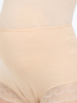 Close up of Model wearing Beige coloured Maternity Over belly High Waist Lace Panty from the mom store
