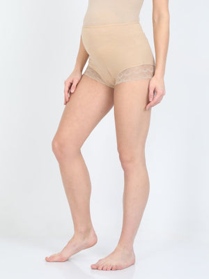 Side pose of Model wearing Beige coloured Maternity Over belly High Waist Lace Panty from the mom store