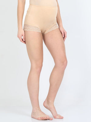 left Side pose of Model wearing Beige coloured Maternity Over belly High Waist Lace Panty from the mom store