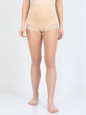 Model wearing Beige coloured Maternity Over belly High Waist Lace Panty from the mom store