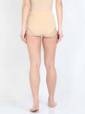 Back Side pose of Model wearing Beige coloured Maternity Over belly High Waist Lace Panty from the mom store