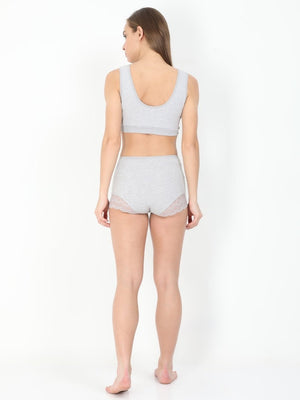 Back Side view of Pregnant Model wearing gray coloured Mama Over Belly Support Panties from the Mom Store 