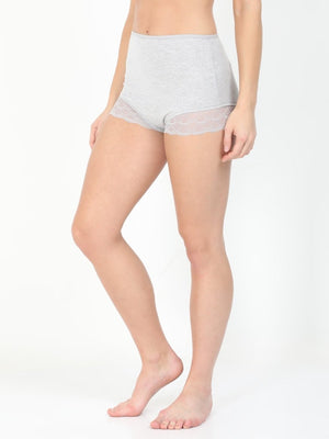 Pregnant Model wearing gray coloured Mama Over Belly Support Panties from the Mom Store 
