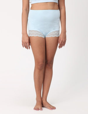Model wearing sky blue coloured Mama Over Belly Support Panties from the Mom Store
