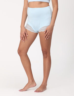 Side view of Pregnant Model wearing sky blue coloured Mama Over Belly Support Panties from the Mom Store 