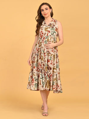 Full-length front view of Abstract Flora Maternity and Nursing Dress featuring sleeveless design, collared neckline, and tiered midi silhouette.
