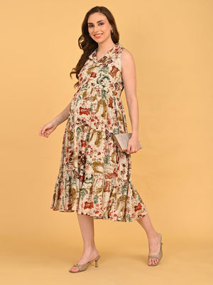 Side profile of Abstract Flora Maternity and Nursing Dress showing roomy silhouette for pregnancy comfort.