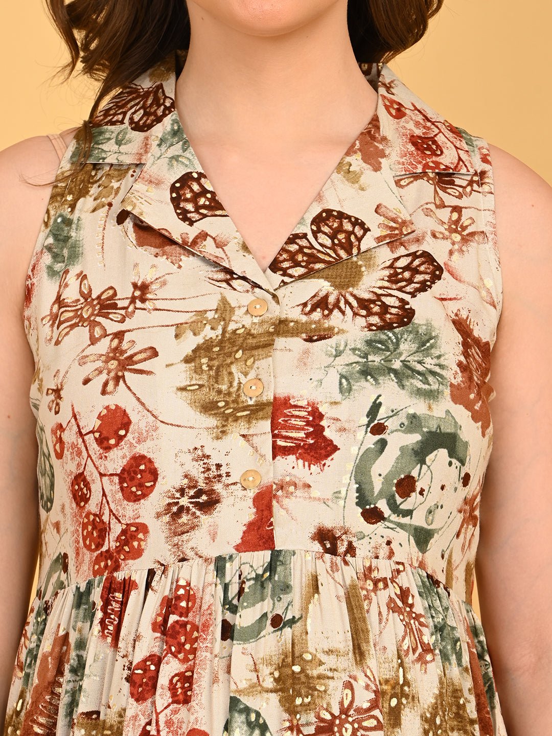 Close-up of collared neckline and front button placket on Abstract Flora Maternity and Nursing Dress with abstract floral print.