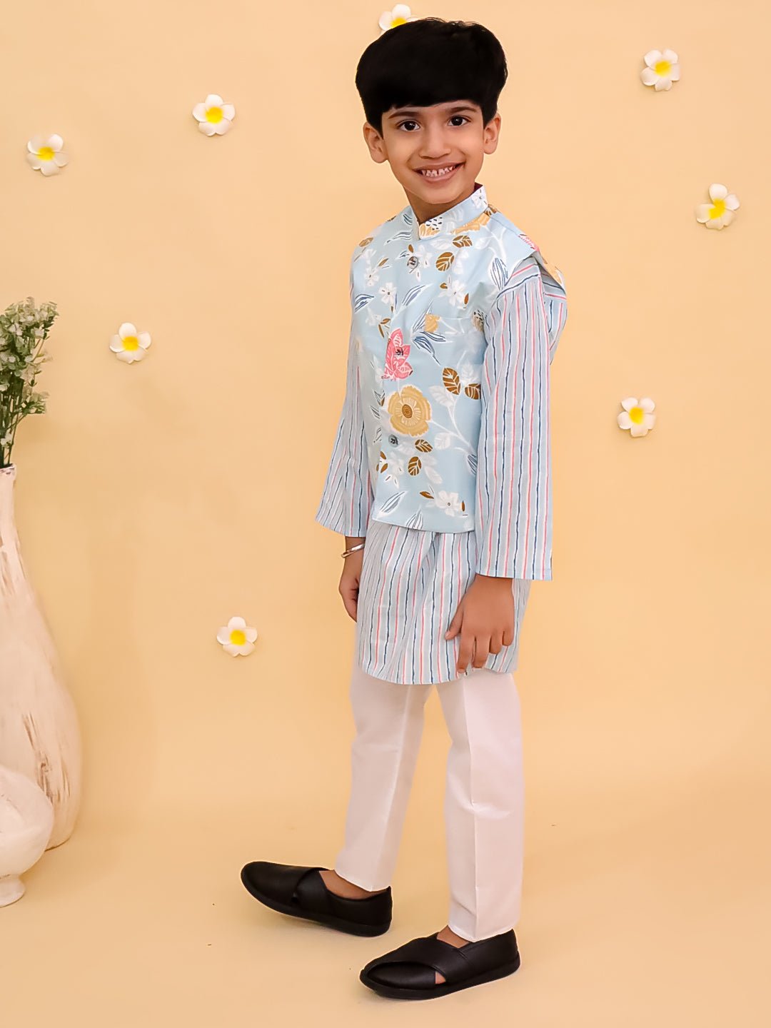 Megh Malhaar Boys Floral Print Jacket And Kurta Pajama Set - KES - SC - MGMBY - 0 - 6