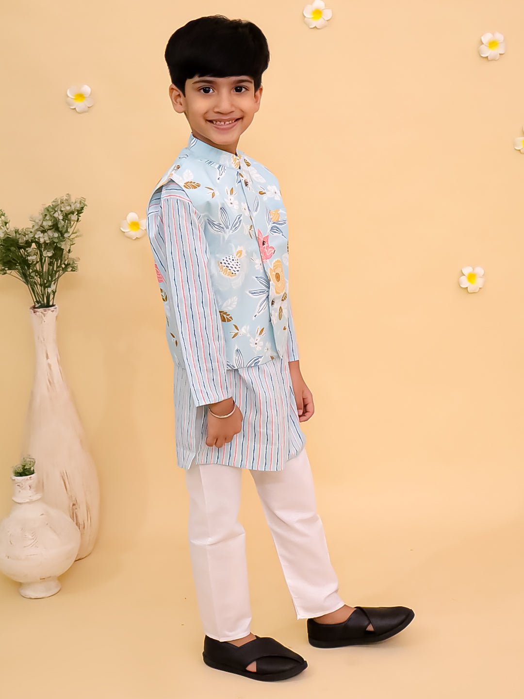 Megh Malhaar Boys Floral Print Jacket And Kurta Pajama Set - KES - SC - MGMBY - 0 - 6