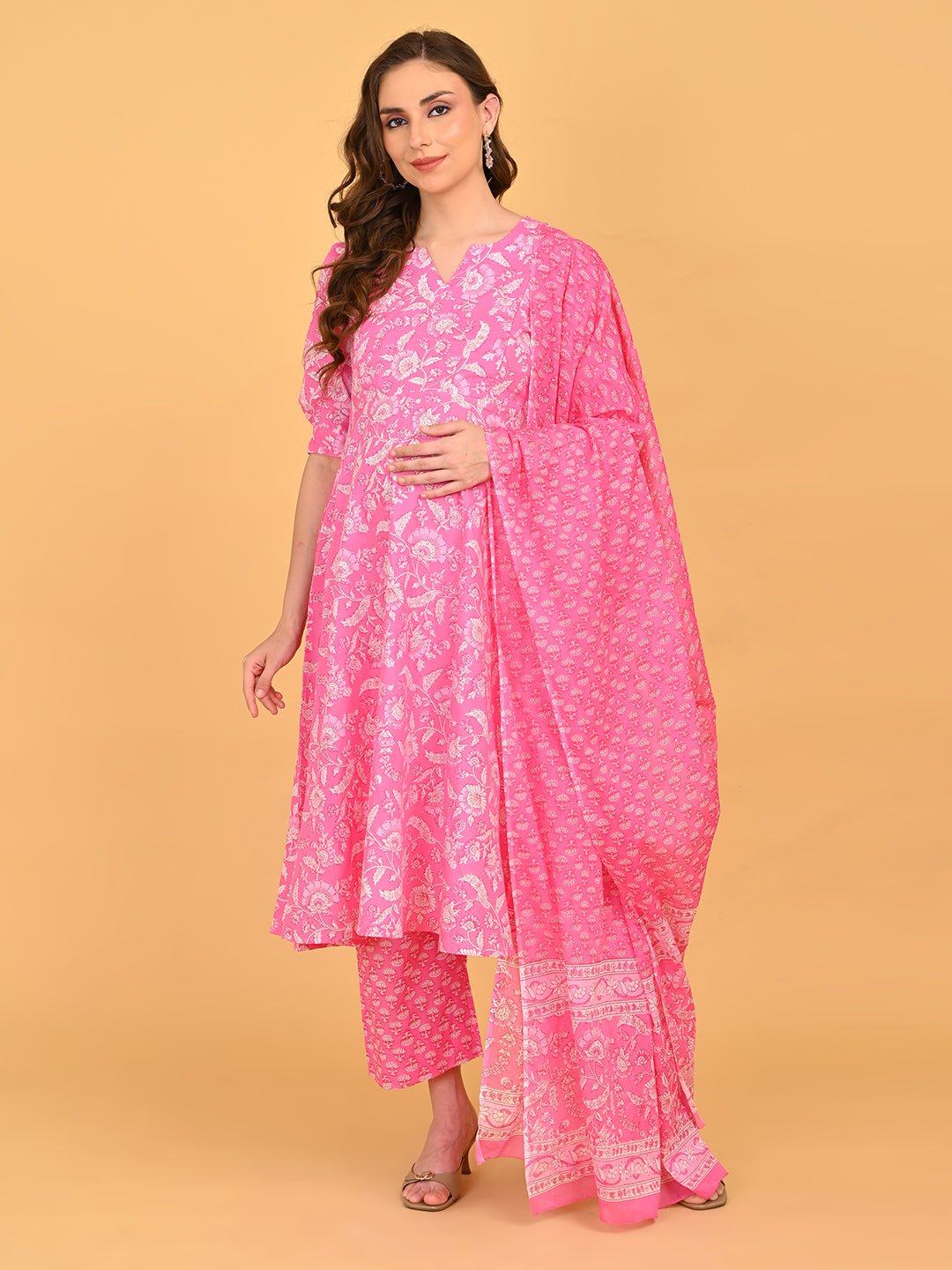 Full-length view of pink floral maternity and nursing kurta paired with matching pants.