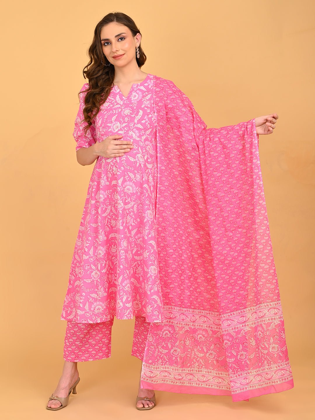 Full-length front view of pink maternity and nursing kurta set with matching dupatta and straight pants.