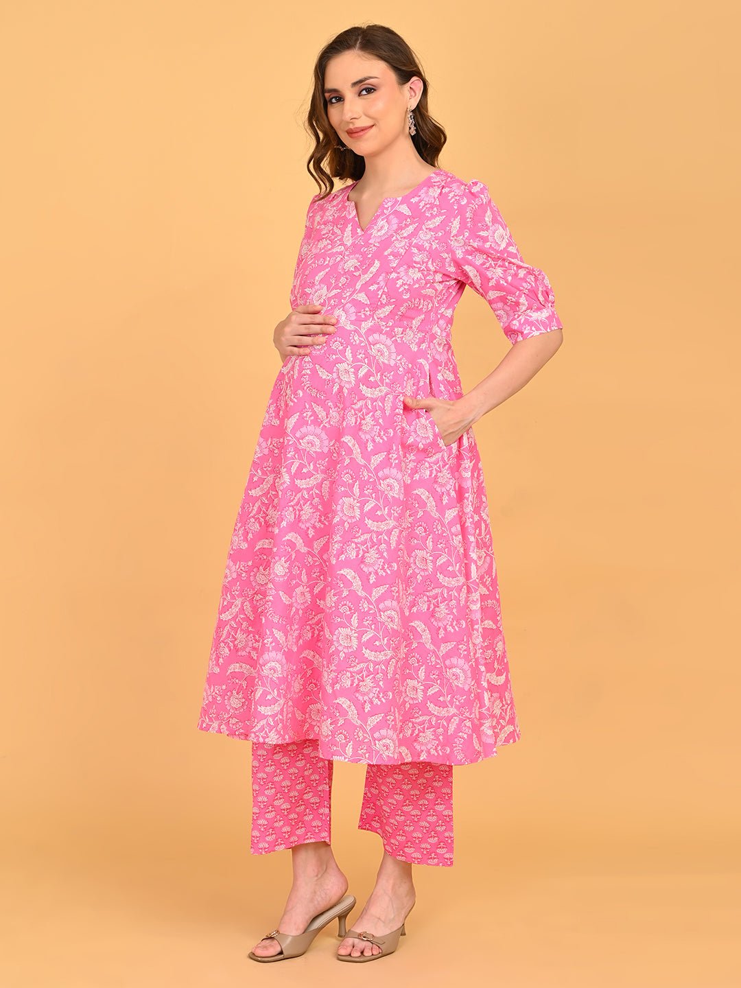 Full-length view of pink floral maternity and nursing kurta paired with matching pants.