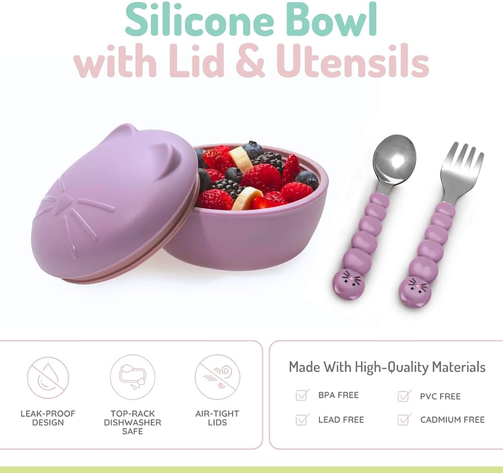 Melii Silicone Bowl with Lid & Utensils Cat - Purple - 12610