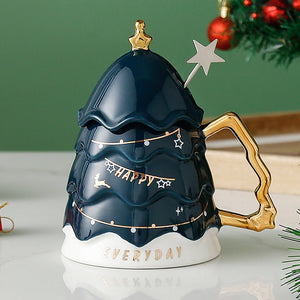 Merry Christmas Ceramic Coffee and Hot Chocolate Mug - Blue Christmas Tree style Cup with Matching Ceramic Lid and embellished Spoon, 330 ml - Christmas
