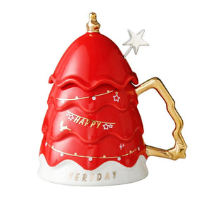 Merry Christmas Ceramic Coffee and Hot Chocolate Mug - Red Christmas Tree style Cup with Matching Ceramic Lid and embellished Spoon, 330 ml - Christmas