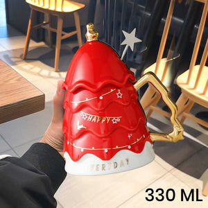 Merry Christmas Ceramic Coffee and Hot Chocolate Mug - Red Christmas Tree style Cup with Matching Ceramic Lid and embellished Spoon, 330 ml - Christmas