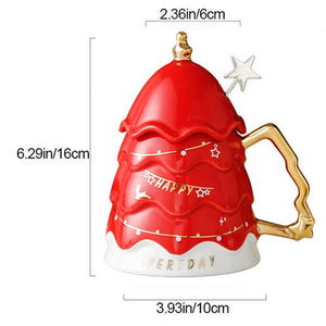 Merry Christmas Ceramic Coffee and Hot Chocolate Mug - Red Christmas Tree style Cup with Matching Ceramic Lid and embellished Spoon, 330 ml - Christmas