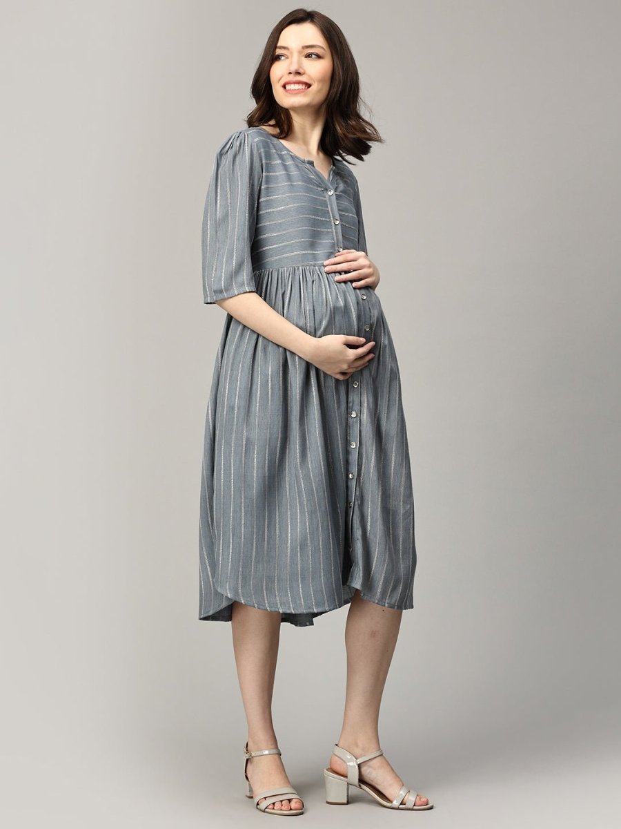 Midnight Muse Striped Maternity And Nursing Dress - MEW-SK-GYSTR-S