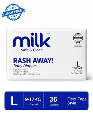 MILK Baby Diaper Flexi Tape , Size L - 36 Pcs, 9 To 17 KG - Nappy Diaper Care