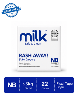 MILK Baby Diaper Flexi Tape , Size NB - 22 Pcs, 0 To 5 KG - Nappy Diaper Care