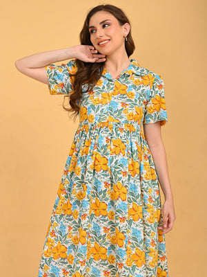 Angled pose of Minimal Muse Maternity And Nursing Dress with breathable cotton look and flare