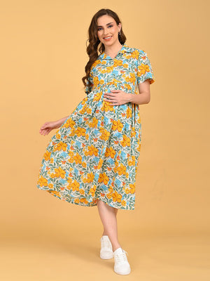 Minimal Muse Maternity And Nursing Dress featuring bright yellow floral pattern with green leaves
