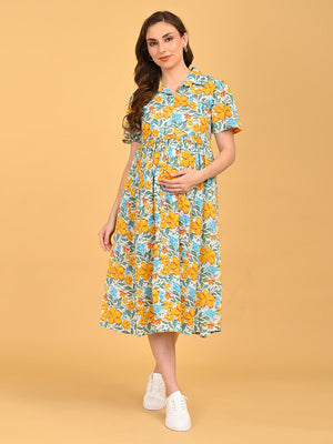 Front view of Minimal Muse Maternity And Nursing Dress with flowy gathered waist and short sleeves