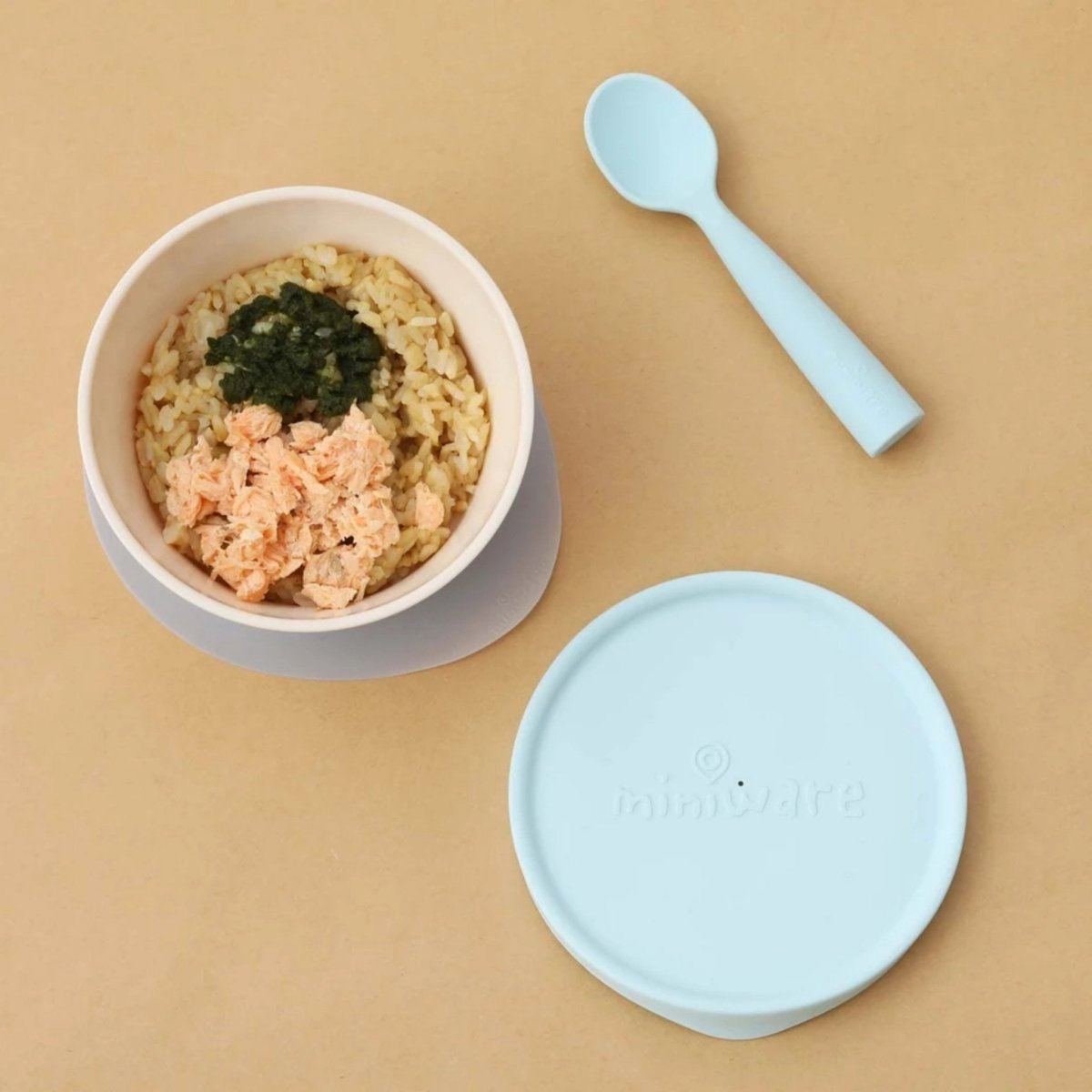 Miniware Suction Bowl With Spoon- Vanilla/Aqua - MWFBVA
