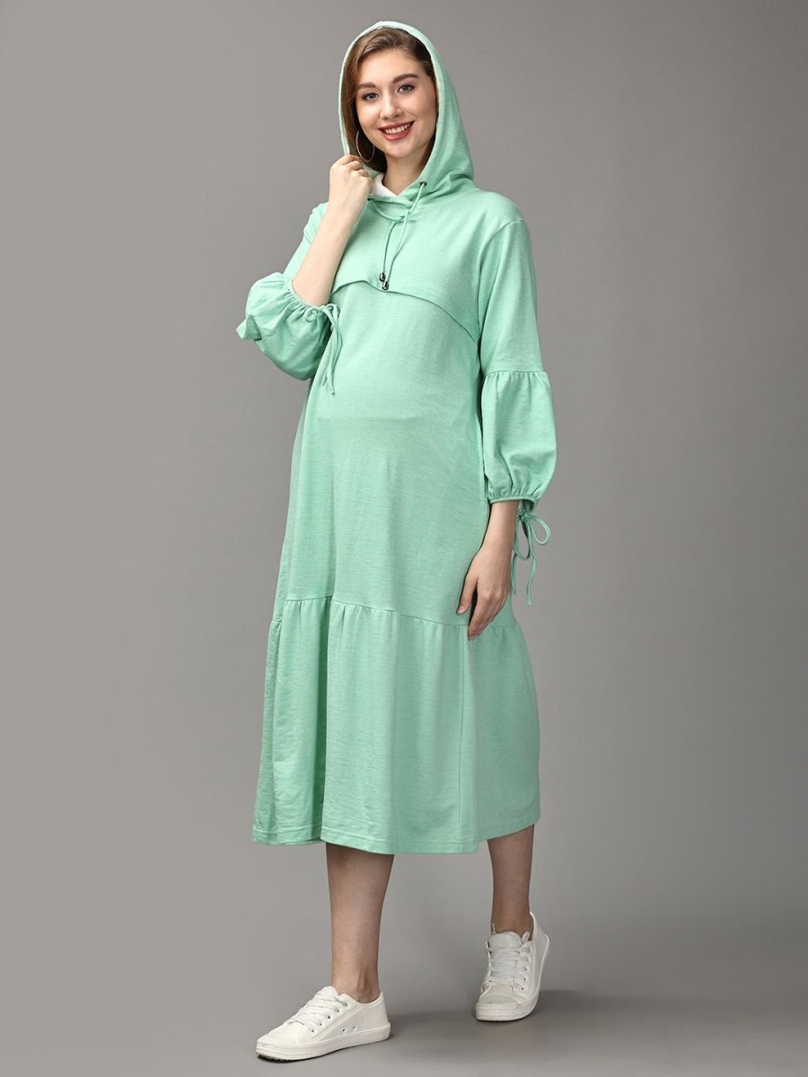 Mint Green Maternity and Nursing Hoodie Tier Dress - DRS-SD-PSGRH-M