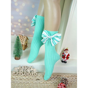 Mint Green White Striped 3d Big Bow Socks for Kids . - 